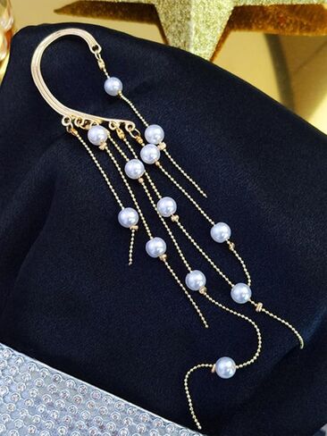 Bohemian Pearl Tassel Ear Cuffs for Women Elegant Non-Piercing Dangle Beaded Chain Clip-On Earrings Vintage Boho Ear Wrap Jewelry for Wedding Festival Beach Party in Saudi Arabia