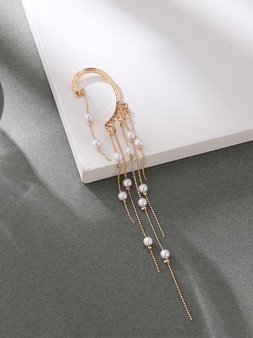 Bohemian Pearl Tassel Ear Cuffs for Women Elegant Non-Piercing Dangle Beaded Chain Clip-On Earrings Vintage Boho Ear Wrap Jewelry for Wedding Festival Beach Party in Saudi Arabia