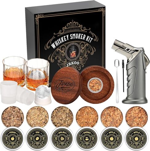 Whiskey Smoker Kit with Torch - 6 Natural Wood Chips, 2 Glasses, 2 Ice Ball Molds - Cocktail Smoker Infuser Kit, Old Fashioned Smoker Kit, Birthday Bourbon Whiskey Gifts for Men, Dad(No Butane) in Saudi Arabia