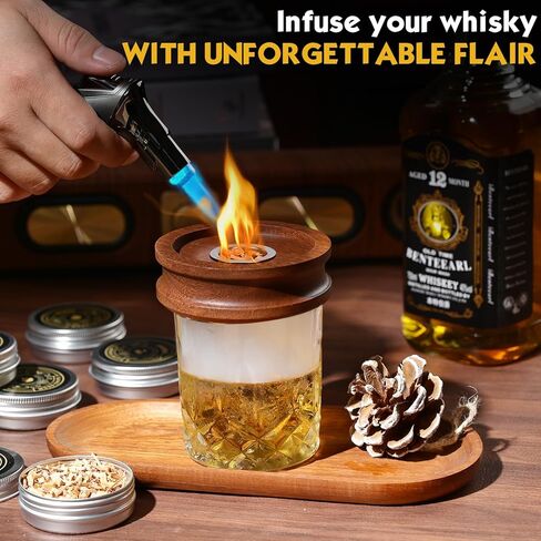 Whiskey Smoker Kit with Torch - 6 Natural Wood Chips, 2 Glasses, 2 Ice Ball Molds - Cocktail Smoker Infuser Kit, Old Fashioned Smoker Kit, Birthday Bourbon Whiskey Gifts for Men, Dad(No Butane) in Saudi Arabia