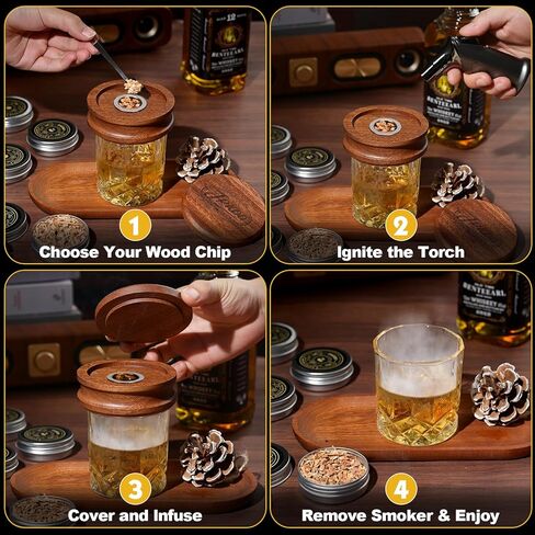 Whiskey Smoker Kit with Torch - 6 Natural Wood Chips, 2 Glasses, 2 Ice Ball Molds - Cocktail Smoker Infuser Kit, Old Fashioned Smoker Kit, Birthday Bourbon Whiskey Gifts for Men, Dad(No Butane) in Saudi Arabia