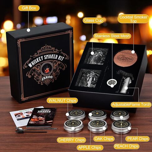 Whiskey Smoker Kit with Torch - 6 Natural Wood Chips, 2 Glasses, 2 Ice Ball Molds - Cocktail Smoker Infuser Kit, Old Fashioned Smoker Kit, Birthday Bourbon Whiskey Gifts for Men, Dad(No Butane) in Saudi Arabia