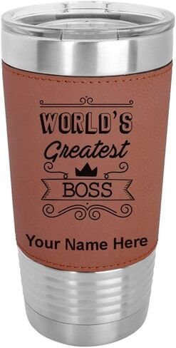 LaserGram 20oz Vacuum Insulated Tumbler Mug, World's Greatest Boss, Personalized Engraving Included (Faux Leather, Black) in Saudi Arabia