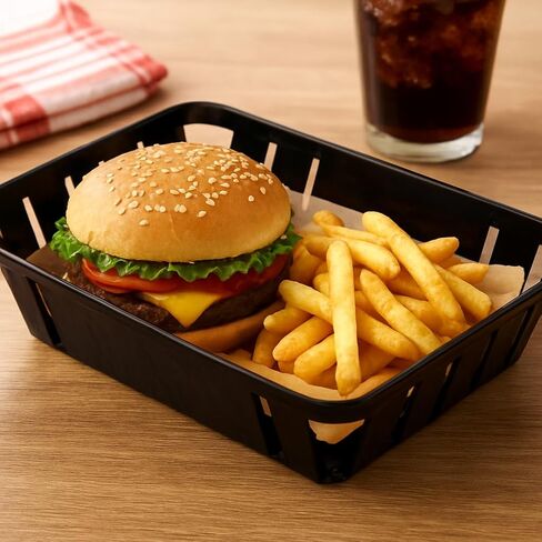 [10 Pack] Black Plastic Food Baskets, Rectangular 7.9 x 10.4 x 2.5 Inch, Reusable Fast Food Serving Baskets for Fries, Burgers, Restaurants, Food Trucks & Cafes in Saudi Arabia