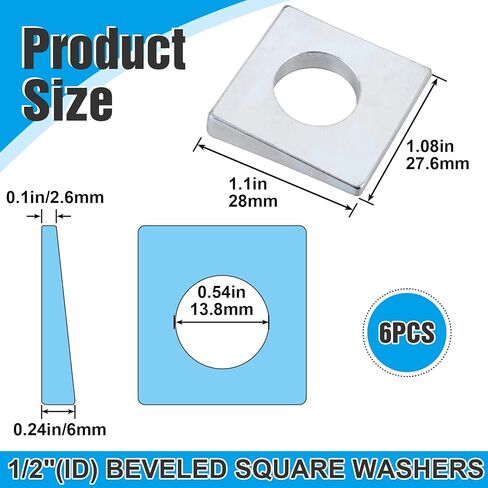 6 قطع 1/2 بوصة غسالات مربعة مشطوفة، 1-1/8 بوصة × 1-1/8 بوصة من الصلب الكربوني المجلفن على شكل إسفين بسُمك 2 مم إلى 6.6 مم، حشوات معدنية للتسوية (فضي) in Kuwait