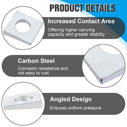 6 قطع 1/2 بوصة غسالات مربعة مشطوفة، 1-1/8 بوصة × 1-1/8 بوصة من الصلب الكربوني المجلفن على شكل إسفين بسُمك 2 مم إلى 6.6 مم، حشوات معدنية للتسوية (فضي) in Kuwait