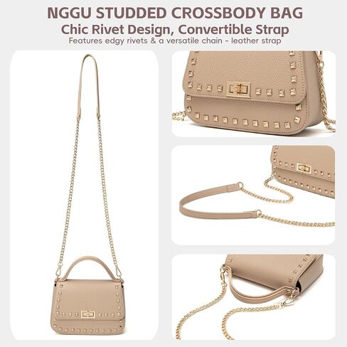 Women's Top Handle Handbag with Rivet, Lightweight PU Small Purse with Detachable Chain for Daily Use in Saudi Arabia