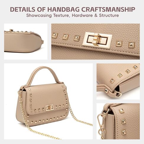 Women's Top Handle Handbag with Rivet, Lightweight PU Small Purse with Detachable Chain for Daily Use in Saudi Arabia