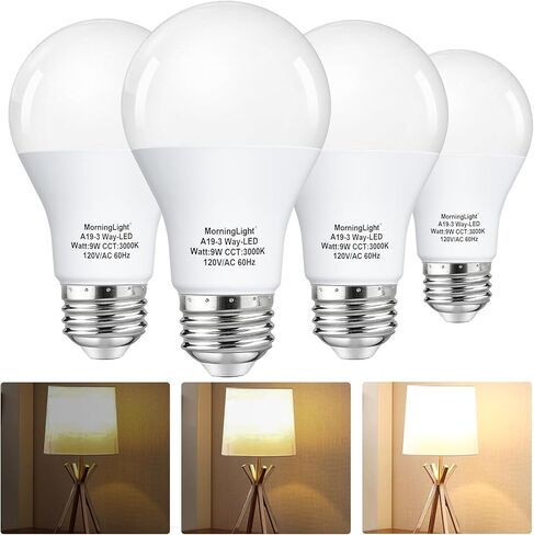 MorningLight 4 حزمة مصابيح LED ثلاثية الاتجاهات 15 40 60 وات مكافئة، أبيض دافئ 2700 ك، قاعدة E26، 3 وات/6 وات/9 وات A19 مصابيح إضاءة ثلاثية الاتجاهات لمقبس مصباح ثلاثي الاتجاهات، 250/550/800LM، مصابيح منخفضة واط 3 اتجاهات in Kuwait