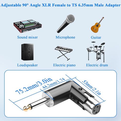 QIANRENON Adjustable 90° Angle XLR Female to 1/4 TS Microphone Adapter 3Pin X-lr Socket to TS 6.35mm Male Mono Unbalanced Right Angle Connector XLR Jack Position Tunable, for Guitar Amplifier Mixer in Saudi Arabia