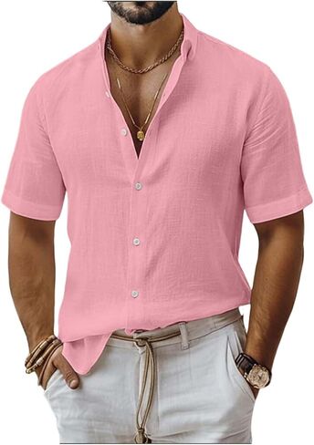 Men's Linen Shirts Summer Short Sleeve Button Down Collar Beach Boho Tops Cruise Shirt Casual Breathable Spring Tees in Saudi Arabia