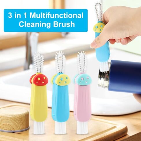 3 in 1 Multifunctional Lid Gap Cleaning Brush Set - Cup, Bottle, Sport Water Bottle (Pink, Yellow, Blue) in Saudi Arabia