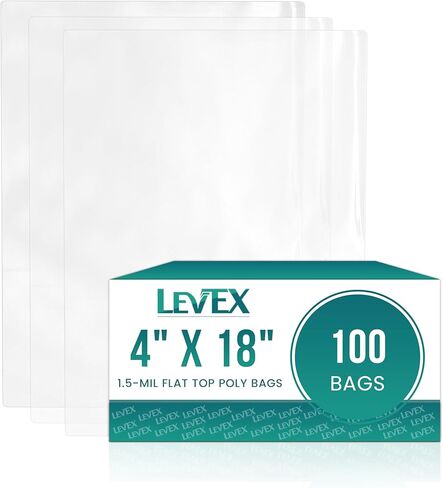 Levex - 4 × 18 بوصة (100 قطعة) سطح مسطح مفتوح النهاية - أكياس بولي شفافة سعة 1.5 مل للتغليف والشحن والتخزين والطعام (لا تحتوي الحقائب على ختم أو مطبوعات) in Kuwait