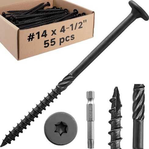 #14 × 4-1/2 بوصة مجموعة براغي خشبية هيكلية (55 قطعة)، براغي خشبية خارجية شديدة التحمل، براغي سوداء للخشب مع رأس غسالة، براغي بناء هيكلية مع لقمة محرك T30 Star in Kuwait