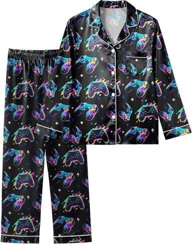 بيجامات للأولاد بيجامات حريرية للأولاد بأكمام طويلة وسراويل بأزرار للأسفل طقم ملابس نوم من قطعتين Pjs مقاس 8-14 in Kuwait