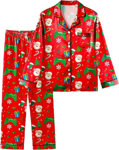 Boys Pajamas Big Boys Silky Pajamas Gamer Satin Long Sleeve and Pants Button Down 2 Piece Pjs Sleepwear Set Size 8-14 in Saudi Arabia