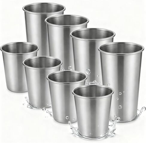 مجموعة أكواب وأكواب من الفولاذ المقاوم للصدأ مكونة من 8 قطع - 4 عبوات بوزن 8 أونصة + 4 عبوات بوزن 16 أونصة قابلة للتكديس، خالية من البيسفينول أ وغير قابلة للكسر 304 أكواب شرب معدنية للأطفال والكبار، للتخييم والنزهات الداخلية والخارجية in Kuwait