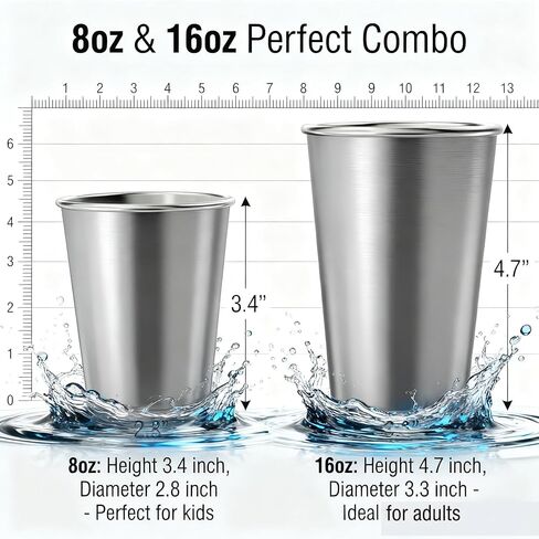 مجموعة أكواب وأكواب من الفولاذ المقاوم للصدأ مكونة من 8 قطع - 4 عبوات بوزن 8 أونصة + 4 عبوات بوزن 16 أونصة قابلة للتكديس، خالية من البيسفينول أ وغير قابلة للكسر 304 أكواب شرب معدنية للأطفال والكبار، للتخييم والنزهات الداخلية والخارجية in Kuwait