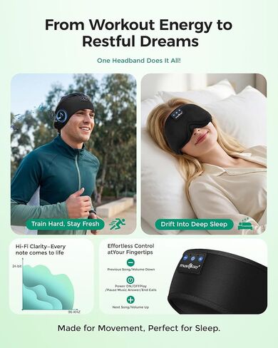 MUSICOZY 2 حزم قناع بلوتوث لسماعات الرأس، أقنعة العين مع عصابة رأس، سماعات نوم لعصابة الرأس النائمة الجانبية وقناع النوم مع سماعة رأس بلوتوث مثالية للنوم (أسود كلاسيكي) in Kuwait