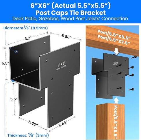 2 قطعة 6 × 6 بوصة (5.6 × 5.6 فعليًا) دعامة من الفولاذ المقاوم للصدأ، مناسبة لتوصيل شرفة المراقبة الخشبية، عمود الفناء على سطح السفينة، دعامة عوارض خشبية للفناء، للحديقة، الفناء in Kuwait
