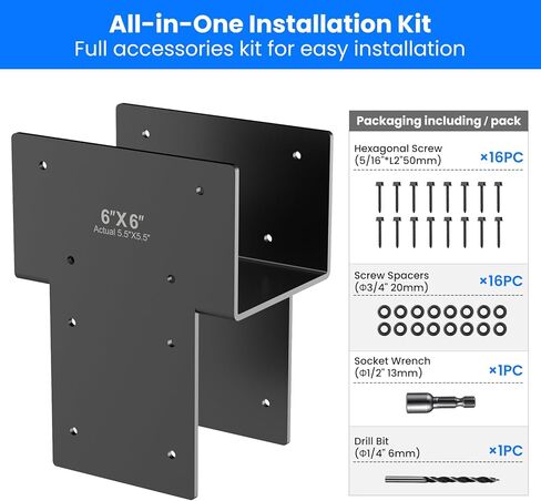 2 قطعة 6 × 6 بوصة (5.6 × 5.6 فعليًا) دعامة من الفولاذ المقاوم للصدأ، مناسبة لتوصيل شرفة المراقبة الخشبية، عمود الفناء على سطح السفينة، دعامة عوارض خشبية للفناء، للحديقة، الفناء in Kuwait