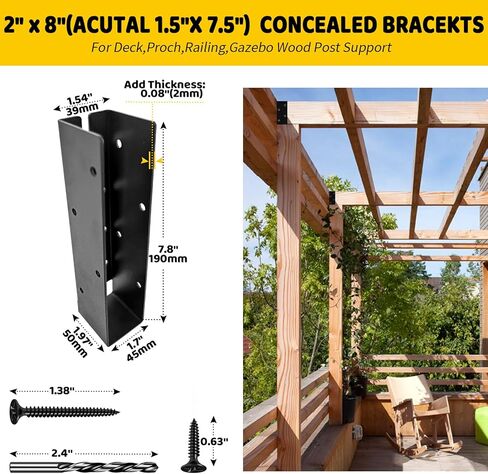 دعامات تعليق رافدة مخفية، شماعة شفة مخفية للأعمال الخشبية مقاس 2 × 8 بوصة (فعلي: 1.5 بوصة × 7.5 بوصة) من الخشب، دعامة فولاذية على شكل حرف U للسياج الخشبي والشرفة والأرجوحة والدرابزين (6 عبوات) in Kuwait