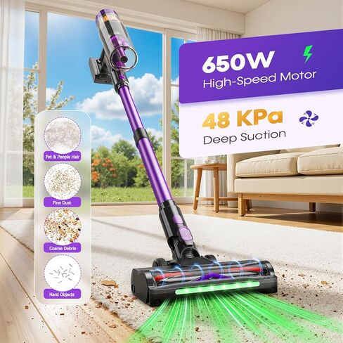 Cordless Vacuum Cleaner, 650W 48KPa Vacuum Cleaners for Home, Self-Standing Stick Vacuums with LED Display, Anti-Tangle, Lightweight, Stick Vacuum Rechargeable for Pet Hair Carpet Floor in Saudi Arabia