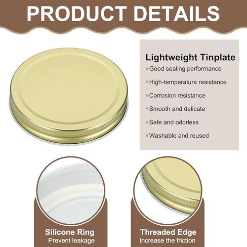 HARFINGTON 6pcs Mason Jar Lids 3.39" Tinplate Regular Mouth Reusable Leak-proof Mason Canning Covers with Silicone Rings for Storage Bottle Water Bottle and Jars, Gold in Saudi Arabia