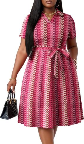 FANDEE Plus Size Dresses, Women Summer Casual V Neck Short Sleeve A-Line Work Cocktail Shirt Midi Dress with Belt and Pockets in Saudi Arabia