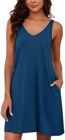 Marvmys Women's Cotton Nightgown Tank V Neck Sleep Shirts Sleeveless Sleep Dress with Pockets in Saudi Arabia