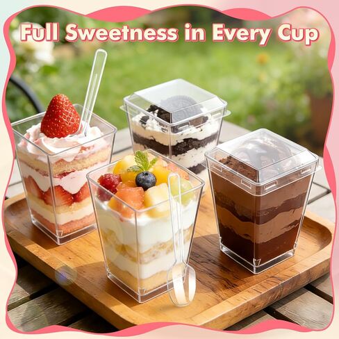 60PCS 5oz Plastic Dessert Cups with Lids and Spoons, Clear Yogurt Parfait Cups with Lids, Mini Dessert Shooter Cups with Spoons, Small Square Appetizer Cups for Fruit Party Pudding Ice Cream Trifle in Saudi Arabia