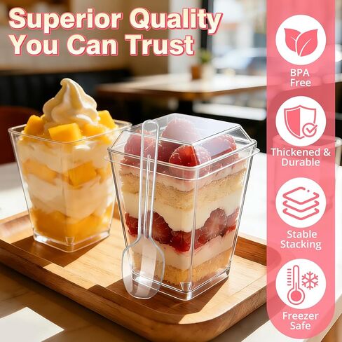 60PCS 5oz Plastic Dessert Cups with Lids and Spoons, Clear Yogurt Parfait Cups with Lids, Mini Dessert Shooter Cups with Spoons, Small Square Appetizer Cups for Fruit Party Pudding Ice Cream Trifle in Saudi Arabia