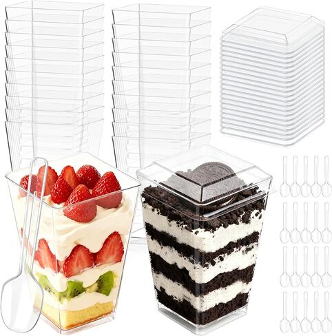 60PCS 5oz Plastic Dessert Cups with Lids and Spoons, Clear Yogurt Parfait Cups with Lids, Mini Dessert Shooter Cups with Spoons, Small Square Appetizer Cups for Fruit Party Pudding Ice Cream Trifle in Saudi Arabia