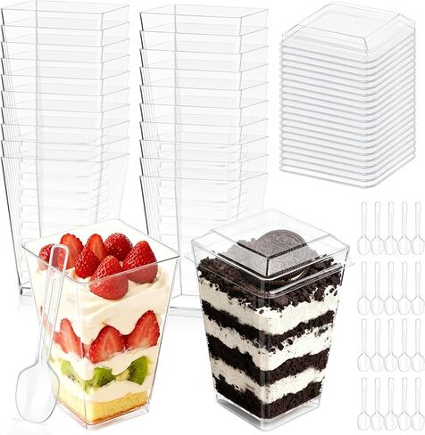 60PCS 5oz Plastic Dessert Cups with Lids and Spoons, Clear Yogurt Parfait Cups with Lids, Mini Dessert Shooter Cups with Spoons, Small Square Appetizer Cups for Fruit Party Pudding Ice Cream Trifle in Saudi Arabia