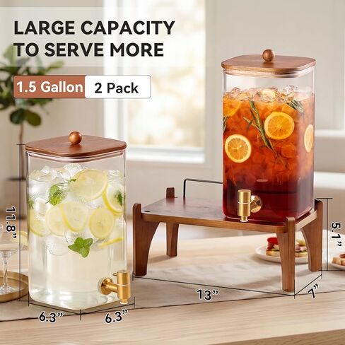 عبوتان من موزع مشروبات زجاجي مربع بسعة 1.5 جالون مع حامل وغطاء خشبي، موزع مشروبات كبير مع حنفية من الفولاذ المقاوم للصدأ، وموزع عصير وعصير الليمون للحفلات والشاي المثلج والماء وموفر للمساحة in Kuwait
