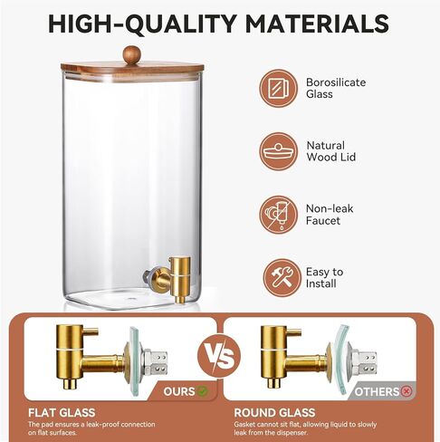 عبوتان من موزع مشروبات زجاجي مربع بسعة 1.5 جالون مع حامل وغطاء خشبي، موزع مشروبات كبير مع حنفية من الفولاذ المقاوم للصدأ، وموزع عصير وعصير الليمون للحفلات والشاي المثلج والماء وموفر للمساحة in Kuwait