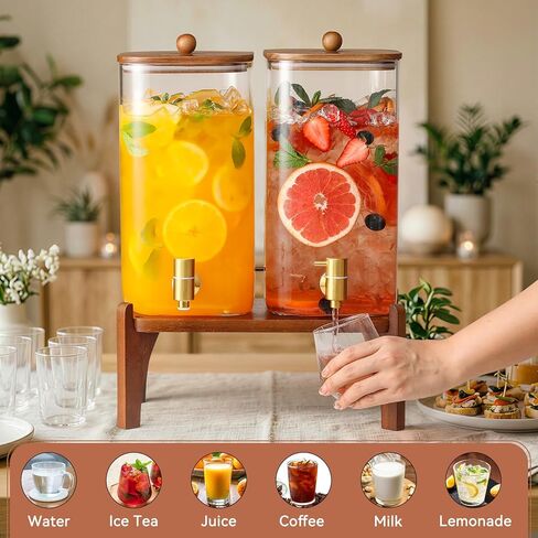 عبوتان من موزع مشروبات زجاجي مربع بسعة 1.5 جالون مع حامل وغطاء خشبي، موزع مشروبات كبير مع حنفية من الفولاذ المقاوم للصدأ، وموزع عصير وعصير الليمون للحفلات والشاي المثلج والماء وموفر للمساحة in Kuwait