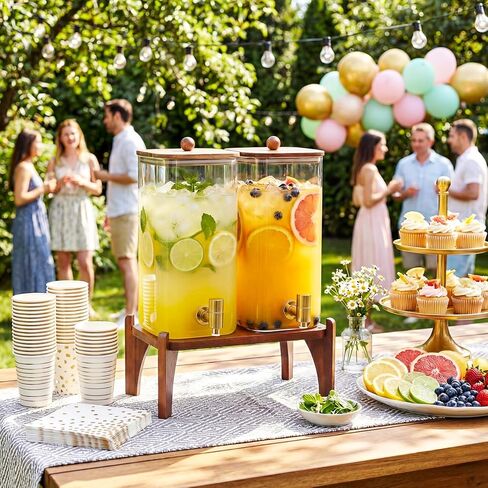 عبوتان من موزع مشروبات زجاجي مربع بسعة 1.5 جالون مع حامل وغطاء خشبي، موزع مشروبات كبير مع حنفية من الفولاذ المقاوم للصدأ، وموزع عصير وعصير الليمون للحفلات والشاي المثلج والماء وموفر للمساحة in Kuwait