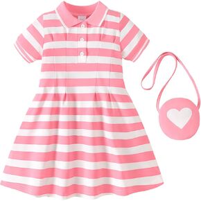 Renotemy Toddler Girl Dress Size 4t Girls Summer Clothes Outfits Little Kids 5T Girl Gifts Pink Striped Sport Golf Short Sleeve Button Polo Dresses Cotton Back to School Uniform Party Dress with Bag in Kuwait