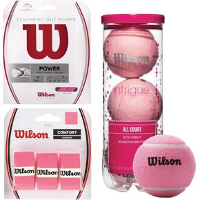 Wilson Pink Pro Accessory Starter Pack - Bundle with A Set of Wilson Synthetic Gut Power 16g Pink Tennis String, 3-Pack Pink Pro Overgrip, 3-Ball Can Intrigue All Court Tennis Balls in Kuwait