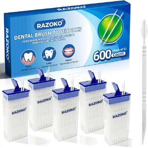 أعواد أسنان RAZOKO بين الأسنان، إجمالي 600 عدد (5 عبوات) معول فموي للاستعمال مرة واحدة، منظف بلاستيكي بين الأسنان من الدرجة الغذائية مع حقيبة محمولة للسفر والمنزل in Kuwait