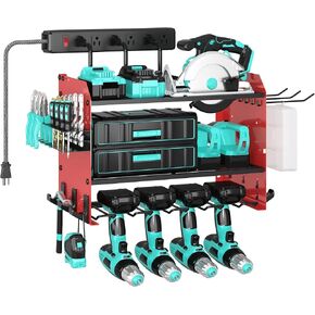 حامل جداري منظم لأدوات الطاقة مكون من 3 طبقات مع محطة شحن، رف تخزين معدني قابل للتعديل، شريط طاقة بـ 6 منافذ، حاملات مثقاب، خطافات ورف مثقاب للمرآب، ورشة عمل، أحمر in Kuwait