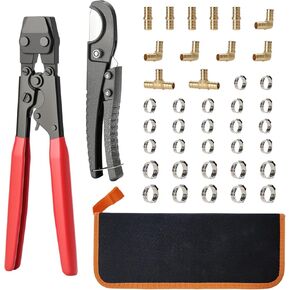 مجموعة أدوات المشبك Solimeta PEX - أداة المشبك 3/8 بوصة إلى 1 بوصة، قاطع الأنابيب، 12 قطعة نحاسية PEX (5 وصلات، 5 كوع، 2 تي شيرت)، 20 * 1/2 بوصة + 10 * 3/4 ​​بوصة مشابك مقاومة للصدأ in Kuwait