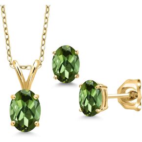 مجموعة أقراط قلادة من الفضة المطلية بالذهب الأصفر عيار 18 قيراط من Gem Stone King 1.70 قيراط من التورمالين الأخضر للنساء | جوهرة الميلاد الأحجار الكريمة | مع سلسلة 18 بوصة in Kuwait