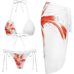طقم بيكيني نسائي مكون من 3 قطع بطبعة زهور وربطة جانبية وربطة عنق مثلثة مع تنورة طويلة تغطي الشبكة in Kuwait