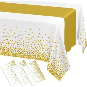 Smiry Plastic Table Cloth Disposable 3 Pack, 54 x 108 Inch Rectangle Waterproof Tablecloth, Printed Gold Table Runner Style for Birthday Weeding, Party Decorations, Leakproof & Sturdy, White and Gold in Saudi Arabia