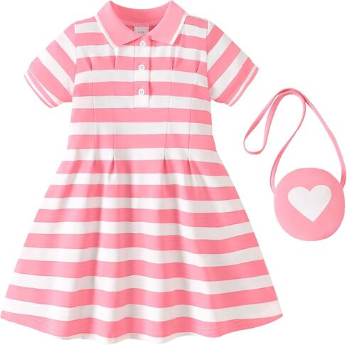 Renotemy طفل فتاة اللباس حجم 4t الفتيات ملابس الصيف وتتسابق الأطفال الصغار 5T فتاة الهدايا الوردي مخطط الرياضة جولف كم قصير زر فساتين بولو القطن العودة إلى المدرسة فستان حفلة موحدة مع حقيبة in Kuwait
