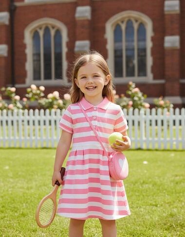 Renotemy طفل فتاة اللباس حجم 4t الفتيات ملابس الصيف وتتسابق الأطفال الصغار 5T فتاة الهدايا الوردي مخطط الرياضة جولف كم قصير زر فساتين بولو القطن العودة إلى المدرسة فستان حفلة موحدة مع حقيبة in Kuwait