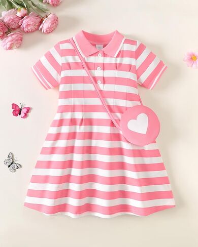 Renotemy طفل فتاة اللباس حجم 4t الفتيات ملابس الصيف وتتسابق الأطفال الصغار 5T فتاة الهدايا الوردي مخطط الرياضة جولف كم قصير زر فساتين بولو القطن العودة إلى المدرسة فستان حفلة موحدة مع حقيبة in Kuwait