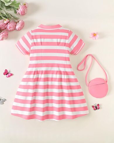 Renotemy طفل فتاة اللباس حجم 4t الفتيات ملابس الصيف وتتسابق الأطفال الصغار 5T فتاة الهدايا الوردي مخطط الرياضة جولف كم قصير زر فساتين بولو القطن العودة إلى المدرسة فستان حفلة موحدة مع حقيبة in Kuwait